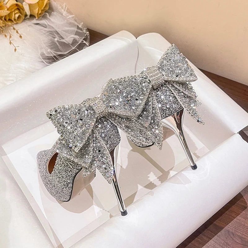 Elegant Coquette Bling Sequin Shoes with Pointed Toe and Thin Heels - Crystal Embellished Silver Footwear