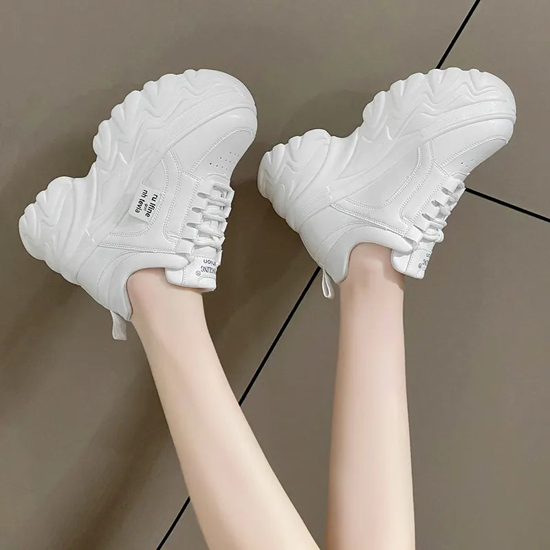 Retro 2000's Inspired Chunky Sneakers - White & Black Nostalgic Thick Bottom Shoes for Women