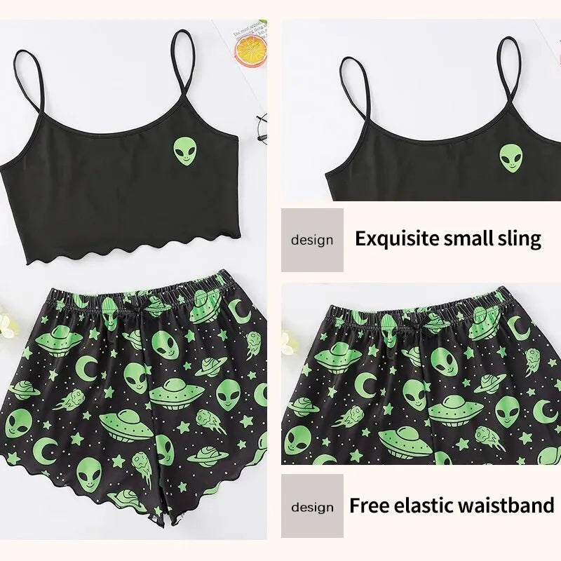 Alien Print Pajama Set for Women - Soft & Comfortable Polyester Material - Elegant Spaghetti Strap Collar - Sleeveless Design - Sizes M/L/XL