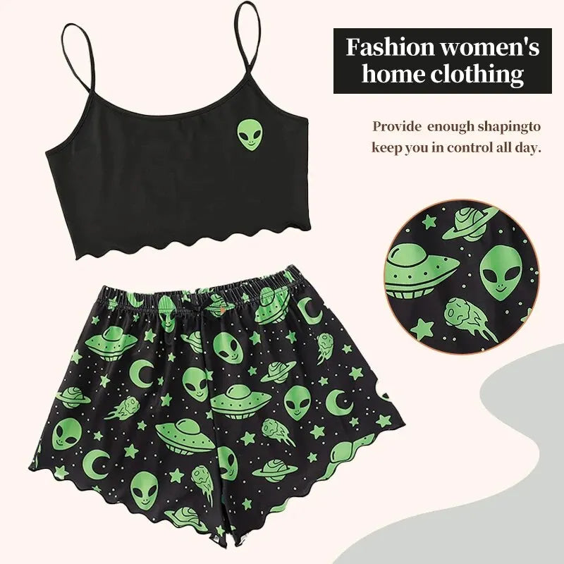 Alien Print Pajama Set for Women - Soft & Comfortable Polyester Material - Elegant Spaghetti Strap Collar - Sleeveless Design - Sizes M/L/XL