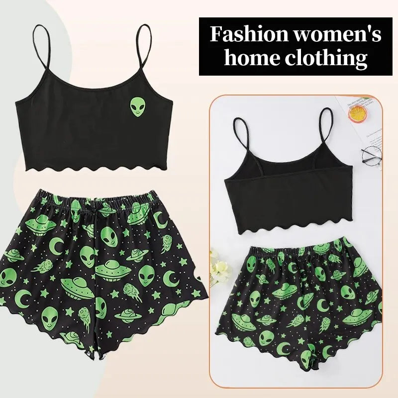 Alien Print Pajama Set for Women - Soft & Comfortable Polyester Material - Elegant Spaghetti Strap Collar - Sleeveless Design - Sizes M/L/XL