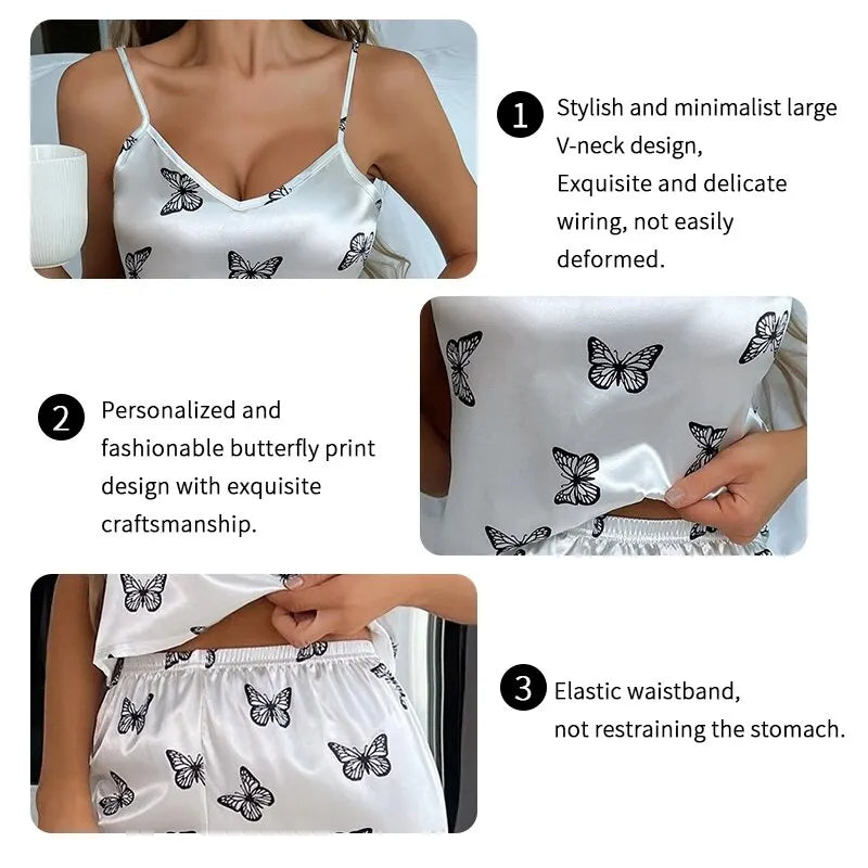 Elegant Butterfly Print Satin Pajama Set for Women