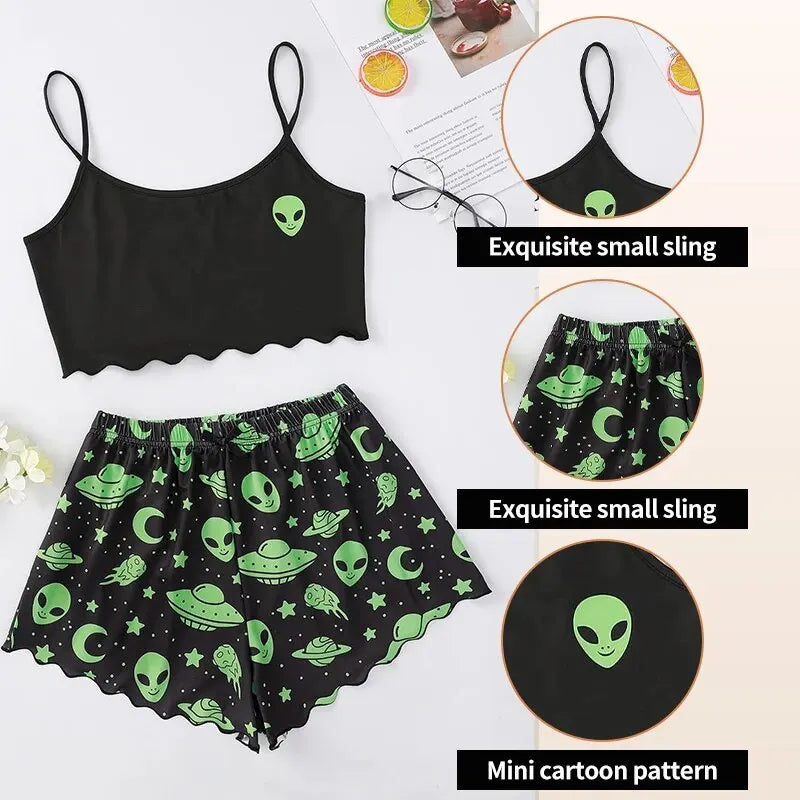 Alien Print Pajama Set for Women - Soft & Comfortable Polyester Material - Elegant Spaghetti Strap Collar - Sleeveless Design - Sizes M/L/XL