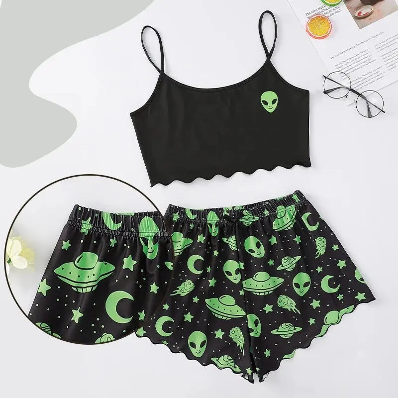 Alien Print Pajama Set for Women - Soft & Comfortable Polyester Material - Elegant Spaghetti Strap Collar - Sleeveless Design - Sizes M/L/XL