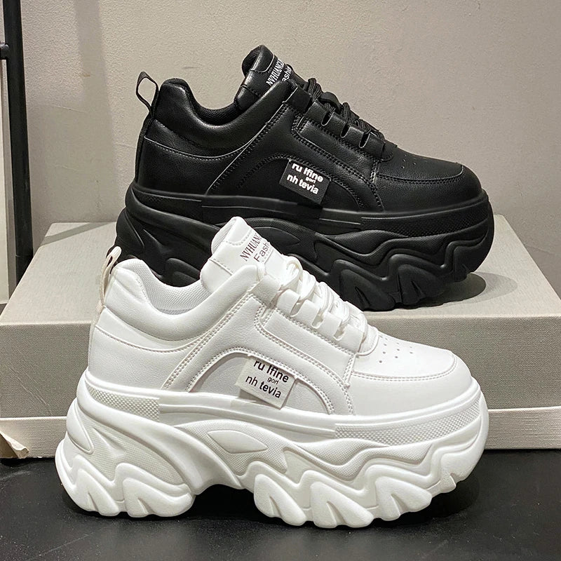 Retro 2000's Inspired Chunky Sneakers - White & Black Nostalgic Thick Bottom Shoes for Women