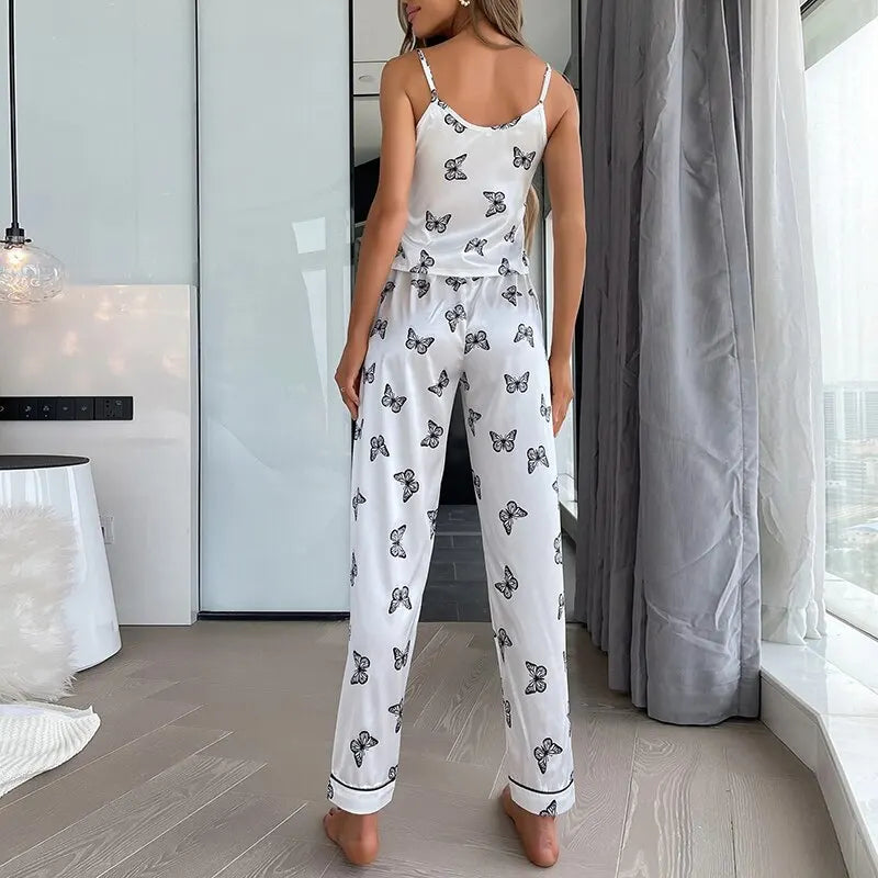 Elegant Butterfly Print Satin Pajama Set for Women