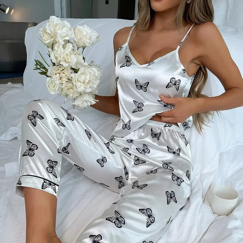 Elegant Butterfly Print Satin Pajama Set for Women