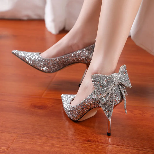 Elegant Coquette Bling Sequin Shoes with Pointed Toe and Thin Heels - Crystal Embellished Silver Footwear