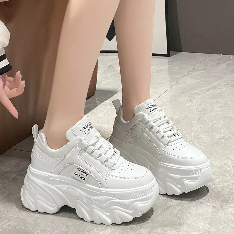 Retro 2000's Inspired Chunky Sneakers - White & Black Nostalgic Thick Bottom Shoes for Women